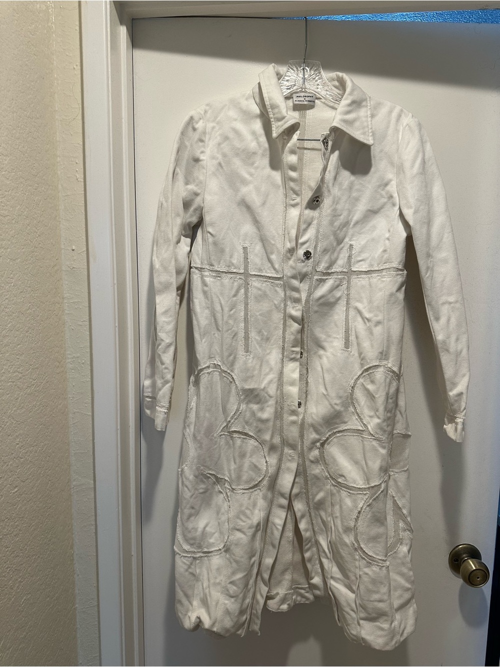 Alberta Ferretti White Long Trench Coat Dress w Stitching 100% Thick Cotton